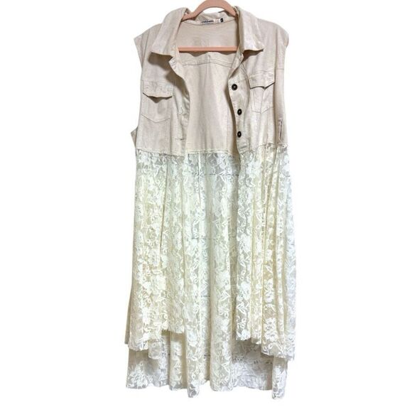 ORIGAMI Ivory White BOHO Western Sleeveless Cardigan Duster Suede & Lace Vest 2X - Picture 6 of 15